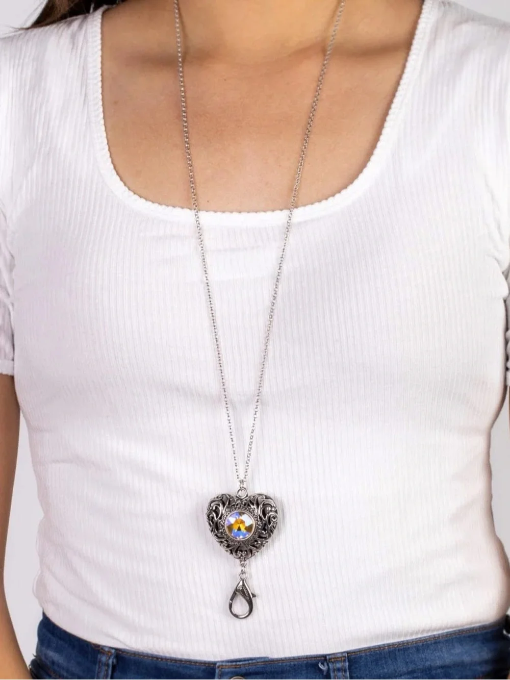 paparazzi Silver Filigree Heart Necklace with Iridescent Center